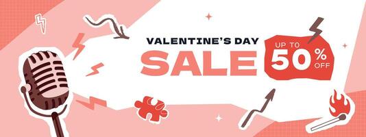A horizontal banner template for a Valentine's Day sale with a retro microphone, diverse doodle elements and typography. Collage-style layout design. vector