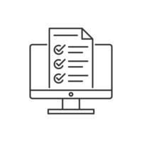 Desktop computer with digital questionnaire flat line icon. thin sign of online test result, education logo. Survey outline illustration. vector