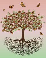 A tree of life with orange Monarch butterflies sitting on the branches and flying around the tree. The background is a green orange gradient vector