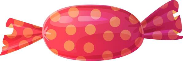 Red candy with polka dot wrapper, isolated on white background. Glossy sweet confectionery designed in cartoon style. illustration perfect for festive, decorative, or food-related concepts. vector