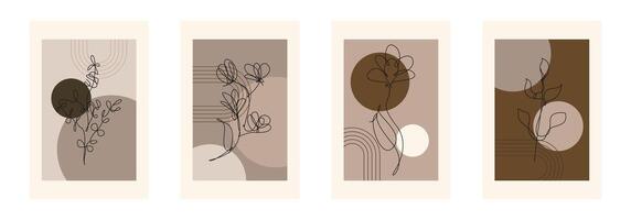 Set of Beige Botanical Abstract Floral Outline Wall Art Background Gallery vector
