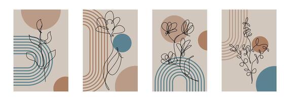 Beige Botanical Abstract Floral Boho Outline Wall Art Background Set vector