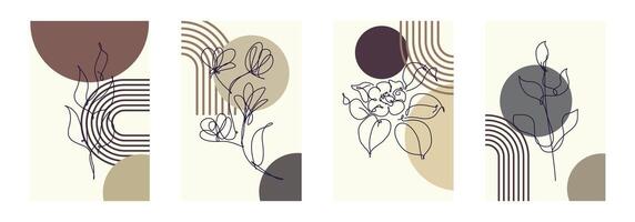 Beige Art Set of Botanical Abstract Floral Outline Wall Art Background vector