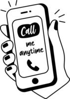 Glyph sticker of a phone with the text call me anytime displayed on the screen vector