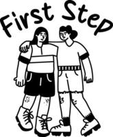 A glyph sticker of two friends with first step typography vector