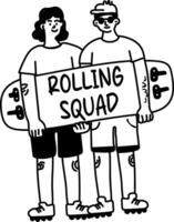 Two friends standing together with the text rolling squad on the board, glyph sticker vector