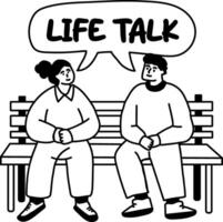Glyph ticker of two friends sitting on a bench having a conversation with life talk typography vector