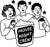 A glyph sticker of a group of friends with movie night crew typography vector