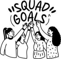 Glyph sticker of friends doing a high five with the text squad goals typography vector