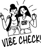 A glyph sticker of two friends with vibe check typography vector