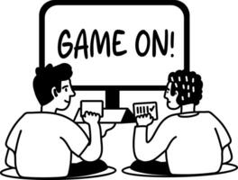 Glyph sticker of two friends playing together, with the words game on displayed on a screen vector