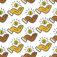 seamless pattern with hands and coin in hand drawing style vector