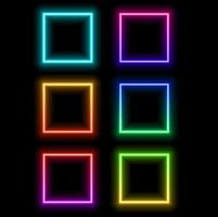 set of neon square frames, colorful illustration, blank frames isolated on black background, different colors, bright lines, gradient color and rainbow colors. vector