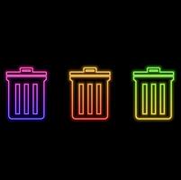 Glowing neon line recycling bin with recycling symbol icon isolated on black background. Trash can icon. Trash can sign. Recycling bin plate. Colorful outline concept. vector