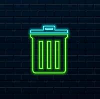 Glowing neon line trash icon can be isolated on the background of the brick wall. Trash can sign. Recycling bin icon. Office trash icon. vector