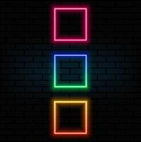 Neon square frame. Double contoured neon quadrate border set. Geometric shape with copy space, futuristic graphic element for social media stories. Yellow, orange, red color. vector
