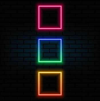 Neon square frame. Double contoured neon quadrate border set. Geometric shape with copy space, futuristic graphic element for social media stories. Yellow, orange, red color. vector