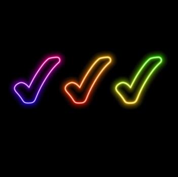 Outline neon check tick icon set. Glowing neon checkmark sign, tick approve pictogram. Correct and true select, confirmation check mark, verification vector