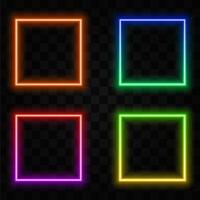 Neon square lamps. Realistic electric borders, illuminated frames. Shiny rectangle signs and wall brackets. Fluorescent light elements. vector