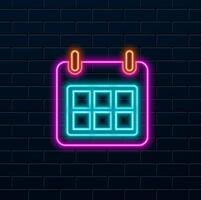 Bright blue neon line calendar icon isolated on black background. Event reminder symbol. Colorful outline concept. vector