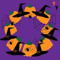 Witchy hats, pumpkins, spiders and cobweb Circular Frame on violet background Copy space Template. illustration Halloween greeting or invitation cards, poster, tag or web promo banner, leaflet vector