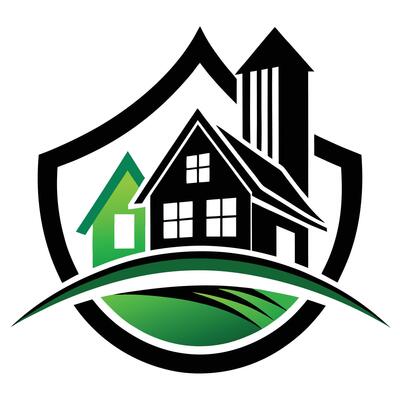 Logo design, real estate, house silhouette, shield shape, black and green color scheme, geometric shapes