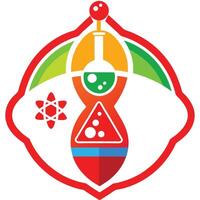 Stylized scientific emblem, colorful geometric shapes, chemistry flask, atomic symbol, warning triangle vector