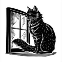 Cat sitting on windowsill and looking out window vector