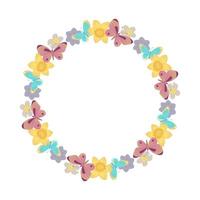 Circular frame of daffodils and butterflies on white background. element of bright design for advertising, packaging design, greeting cards and clothing design. vector