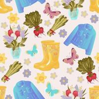 Seamless gardening template with bouquet and flowers, rubber boots and jacket, tulips and crocuses. Seamless pattern of gardening tools on light background. vector