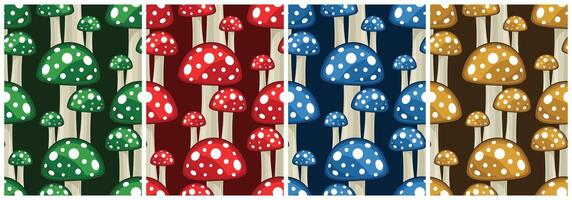 Set seamless color backgrounds with forest mushrooms. vector