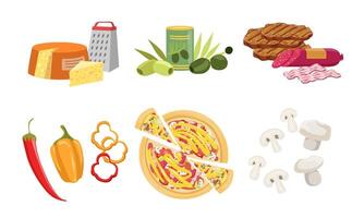 Pizza Made of Different Ingredients Set, Products and Tools for Pizza Making Illustration vector