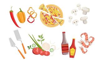 Pizza and All Ingredients for Cooking It, Products and Tools for Pizza Making Illustration vector