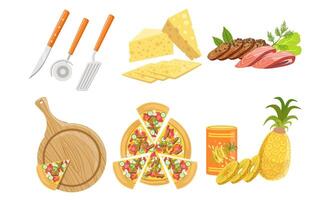 Pizza and All Ingredients for Cooking It Set, Fresh Products and Tools for Pizza Making Illustration vector