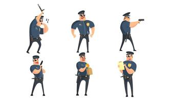 Funny Male Policeman Cartoon Characters Set, Public Safety Officer in Uniform Posing in Different Situations Illustration vector