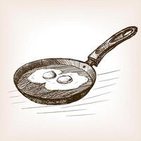 Pan with eggs sketch style illustration. Old engraving imitation. Pan with eggs hand drawn sketch imitation vector