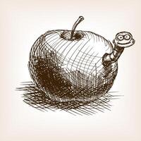 Apple fruit with worm sketch style illustration. Old engraving imitation. Apple fruit and worm hand drawn sketch imitation vector