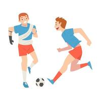 Man with Arm Prosthesis Playing Soccer with His Friend, Active Amputee Man Training with Soccer Ball, Friendship and Support, Person Enjoying Full Life Illustration vector