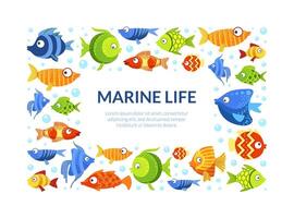 Marine Life Frame, Cute Colorful Fishes Border Template with Space for Text Illustration vector