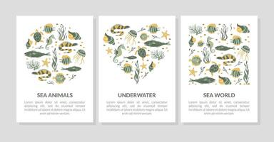 Sea World Banner Templates Set with Underwater Creatures and Space for Text Illustration vector