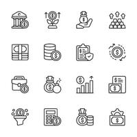 A set of money related icons including a bank, a calculator, a stack of coins vector