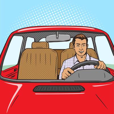 Man drive car pop art style illustration. Comic book style imitation. Vintage retro style. Conceptual illustration