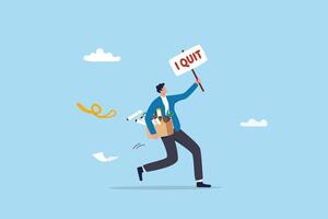 Quit full time job, resignation or end career, change job leaving company, employee termination, unemployment or burnout dissatisfaction exit layoff concept, businessman with stuff with quit job sign. vector