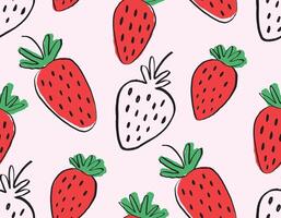 Seamless pattern background with cute simple hand drawn strawberries with black ink outine. Children wallpaper, print, textile design vector