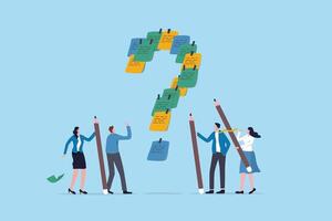 Ask question, listing problem to gather solution idea, faq or questionnaire, uncertainty, doubt or clarification, curiosity, solving problem concept, business people listing question mark sticky note. vector