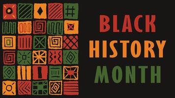 Black History Month banner with decorative Africa inspired hand drawn abstract block pattern. Black background greeting card vector