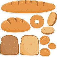 Different types of bread. Sliced bread, bakery products including bagel, loaf, baguette, pretzel, bun. vector