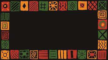 Black History Month, Juneteenth, Kwanzaa banner, greeting card, invitation, flyer empty blank template with copy space with decorative Africa inspired hand drawn abstract block pattern frame border vector