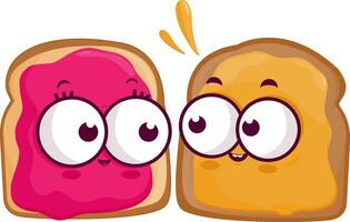 Cartoon slices of bread with peanut butter and jelly. Cute funny bread toast with peanut butter and jam characters. vector