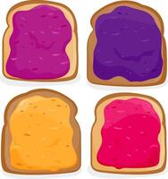 Slices of bread with different types of jelly. Jam spread on pieces of toast bread. vector